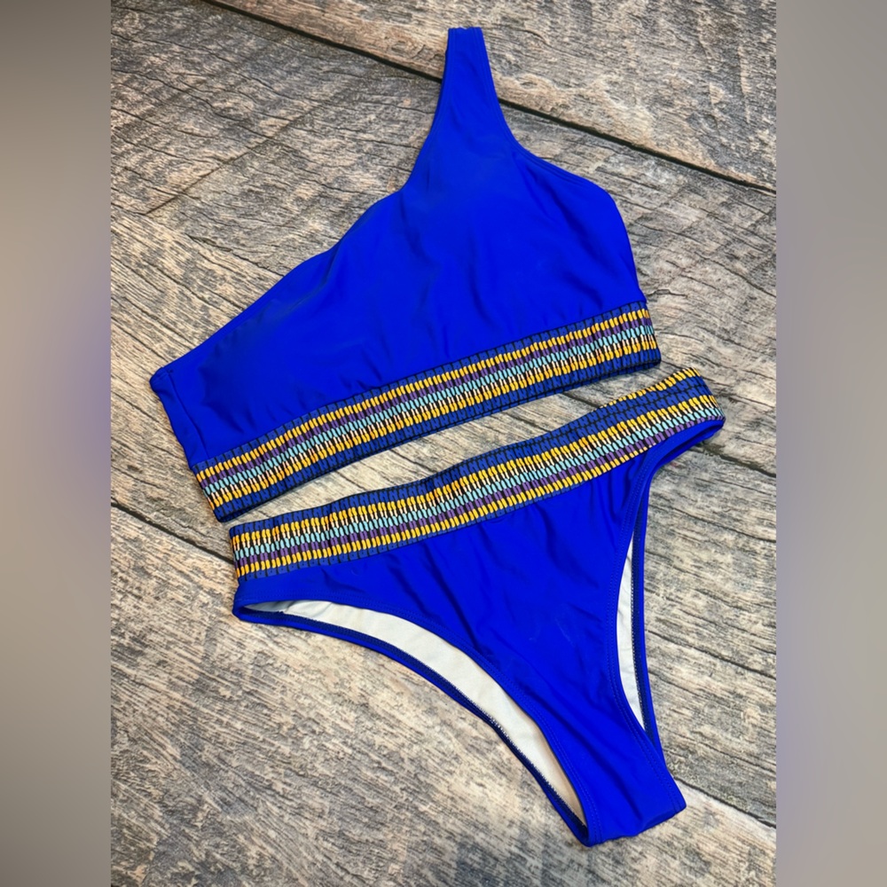 Blue One Shoulder Tankini Set, Vibrant Blue, XL
